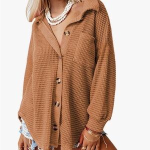 Amazon Women's Brown Waffle Knit Button Down Shirt